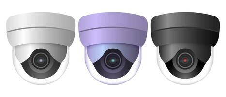 Three dome security cameras in gray, purple, and black color. Digital illustration isolated on white background. Surveillance and monitoring concept for banners, posters, and design templates vector