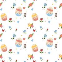 Seamless Easter Pattern with Colorful Decorative Eggs, Spring Flowers, and Hearts on White Background vector