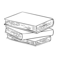 Stack of Books painted by black inks in outline style. Hand drawn illustration Drawing of school Textbook and Notebook. Pile vintage spell books and fairytale Etching of paper diary vector