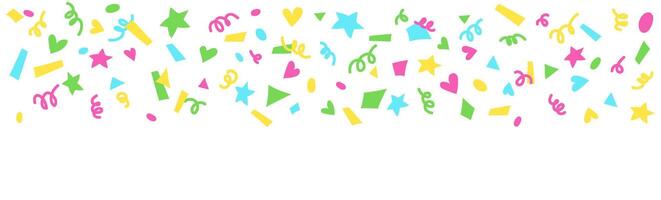 Bright confetti banner isolated. Confetti explosion. Celebration background, banner, header, mail listing. Serpentine, colored paper cuts. Decoration for birthday, holiday vector