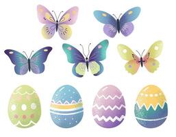 Easter eggs and colorful butterflies. Hand drawn spring elements with a delicate texture. vector