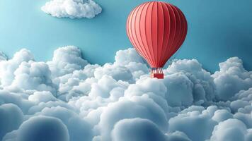 a red hot air balloon floating in the clouds against blue background video