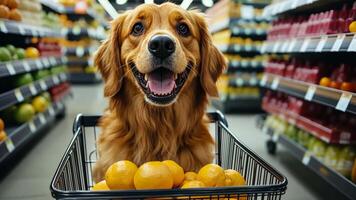 a dog sitting in a shopping cart with lemons video