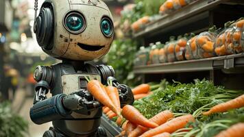 a robot is standing in front of a produce aisle video