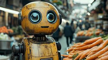 a robot standing in front of a market with carrots video