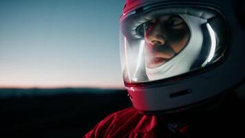 Astronaut With Helmet Explores New Desolate Planet At Night Out Of Spaceship video