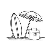 A portable icebox next to a surfboard and umbrella on the beach vector