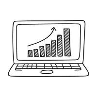 A computer keyboard screen shows data line graph increase with an upward curve vector