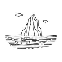 A small boat approaching a towering iceberg in the middle of the ocean vector