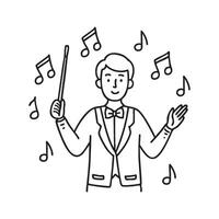 A male conductor giving instructions with a baton to an orchestra, surrounded by musical notes vector