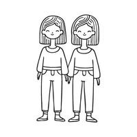 Two identical twins standing side by side, wearing matching outfits vector