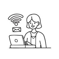 A person sending an email on a laptop, with an envelope and wi-fi symbol vector