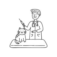 A veterinarian holding a syringe, ready to give an injection to a cat on table vector