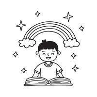 A boy reading a book emitting rainbows, light, and stars, visualizing his imagination vector