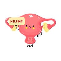 Cartoon uterus character holds a help sign expressing a need for assistance in a humorous way vector