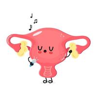 Cartoon uterus character singing happily with musical notes and a microphone in a playful setting vector