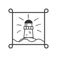 Outline drawing style icon lighthouse on rock in water with light rays on a white background, minimalist design, navigation and guidance concept, direction, save symbol. vector