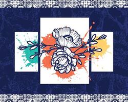 Colorful Floral Artwork with Geometric Border Patterns and Ink Splashes. Vibrant artistic composition featuring sketch-style flowers, dynamic ink splatters, and patterned borders. vector