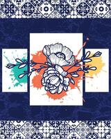 Floral Artwork with Geometric Border Patterns and Ink Splashes. Vibrant artistic composition featuring sketch-style flowers, dynamic ink splatters, and patterned borders. vector