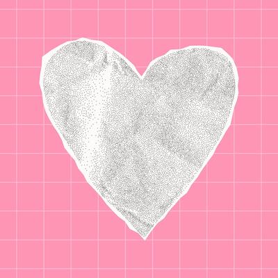White paper heart on pink checkered background with crumpled gritty texture, jagged torn edges, halftone sticker, love and romance collage
