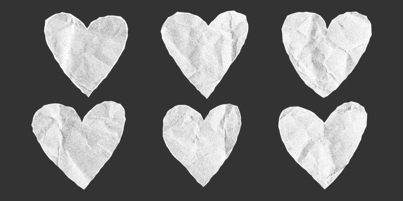 Set of white paper hearts on dark background, collage elements with crumpled paper texture, torn jagged edges, love and romance.