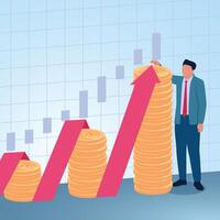 A man shows a graph arrow rising above a pile of coins. Illustration for increasing investment profits, stock gains and investment value growth. vector