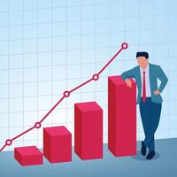 A man leaning on a graph that is continuously rising. Illustration for increasing investment profits, stock gains and investment value increase. vector