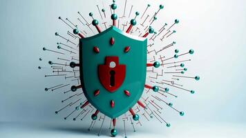 Shield protecting against virus particles conceptual animation of cyber defense. Antivirus program, computer protection, electronics protection video