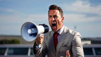 A sharp-dressed man yells into a megaphone with intense expression against a blurred outdoor background video