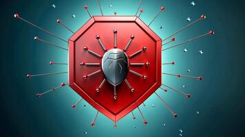 Evolving shield icon with expanding connections on a dynamic blue background. Antivirus program, computer protection, electronics protection video