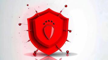 Dynamic red shield transforming in motion with exploding elements and shiny surface animation. Antivirus program, computer protection, electronics protection video