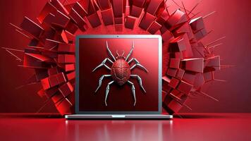 Digital defense animation laptop security threat with exploding red fragments. Antivirus program, computer protection, electronics protection video