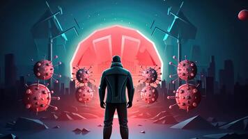 Man confronts giant virus particles in futuristic cityscape. Antivirus program, computer protection, electronics protection video