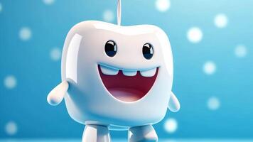 White tooth in the form of a funny robot smiling, light emphasizes the cleanliness of the tooth, light background video