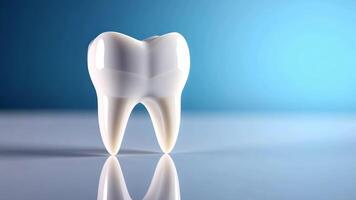 Rotating tooth model on reflective surface with gradient blue background video