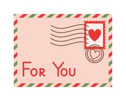 Romantic letter with text For you. Retro paper envelope with postage stamp with heart and seals. Valentines day mail. Wedding invitation. Flat illustration isolated on white background vector