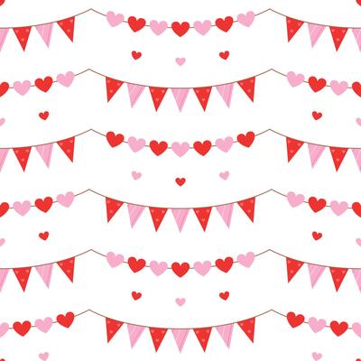 Seamless pattern with romantic garlands on white background. Pink and red triangle and heart shape flags for Valentines day, birthday. Flat illustration for wallpaper, textile, packaging