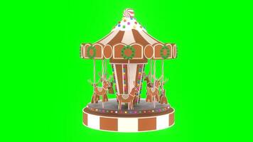 looped 3d gingerbread carousel on green screen. animation of christmas carousel with reindeers video