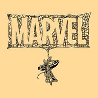Marvel Written with Spider Web and Spiderman hanging with it vector