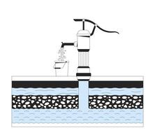Hand water pump extracting groundwater into bucket linear illustration. Cutaway underground water layers. Rural utility 2D line scene isolated on white. Monochrome outline image vector