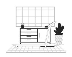 Treadmill and cabinet in home gym room linear illustration. Exercise equipment. Workout machine. Drawers, potted plants, window wall 2D line scene isolated on white. Monochrome outline image vector