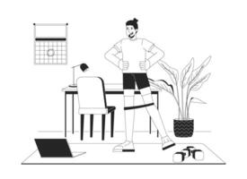 Home office workout session with resistance band linear illustration. Online fitness. Wfh man doing exercise with laptop 2D line character isolated on white. Monochrome outline image vector