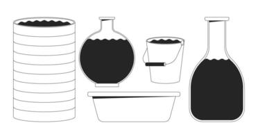 Various water containers black and white 2D line objects set. Barrel, bucket, basin, flasks. Utility household storage isolated clip arts outline items collection. Monochrome spot illustrations vector