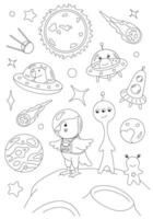 Coloring page with corella parrot astronaut, rocket, moon, two aliens and stars. template for children coloring book, print and poster. vector