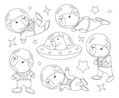 Set of cute capybaras astronaut in spacesuit good for coloring page. Hand drawn illustration of a cartoon character of an astronaut. vector