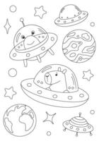 Coloring page with capybara and alien flaying on spaceships. template for children coloring book, print and poster. vector