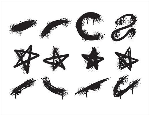 Graffiti spray print. Set of urban black splatter. Ink paint spot. Brush stain drop art. Abstract texture grungy element