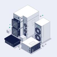 ASIC Mining Farm Isometric illustration. Bitcoin Miner. Cryptocurrency mining equipment and hardware. Blockchain concept vector