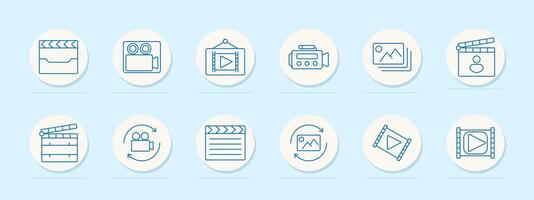 production set icon. Clapperboard, movie camera, projection, gallery, media playback, editing, slideshow, animation, content sharing, presentation vector
