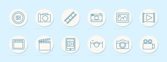Photography set icon. player, camera, filmstrip, gallery, editing, mobile media, recording, content creation, photo album, filmmaking, movie vector